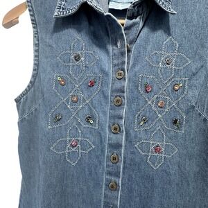 VTG Y2K Denim Maxi Dress Womens Size 6 Button Front Sleeveless Embroidered‎ Boho